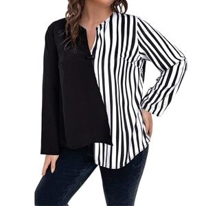 Stripe Top Blouse Shirt Asymmetrical Front Colour Block Long Sleeve
